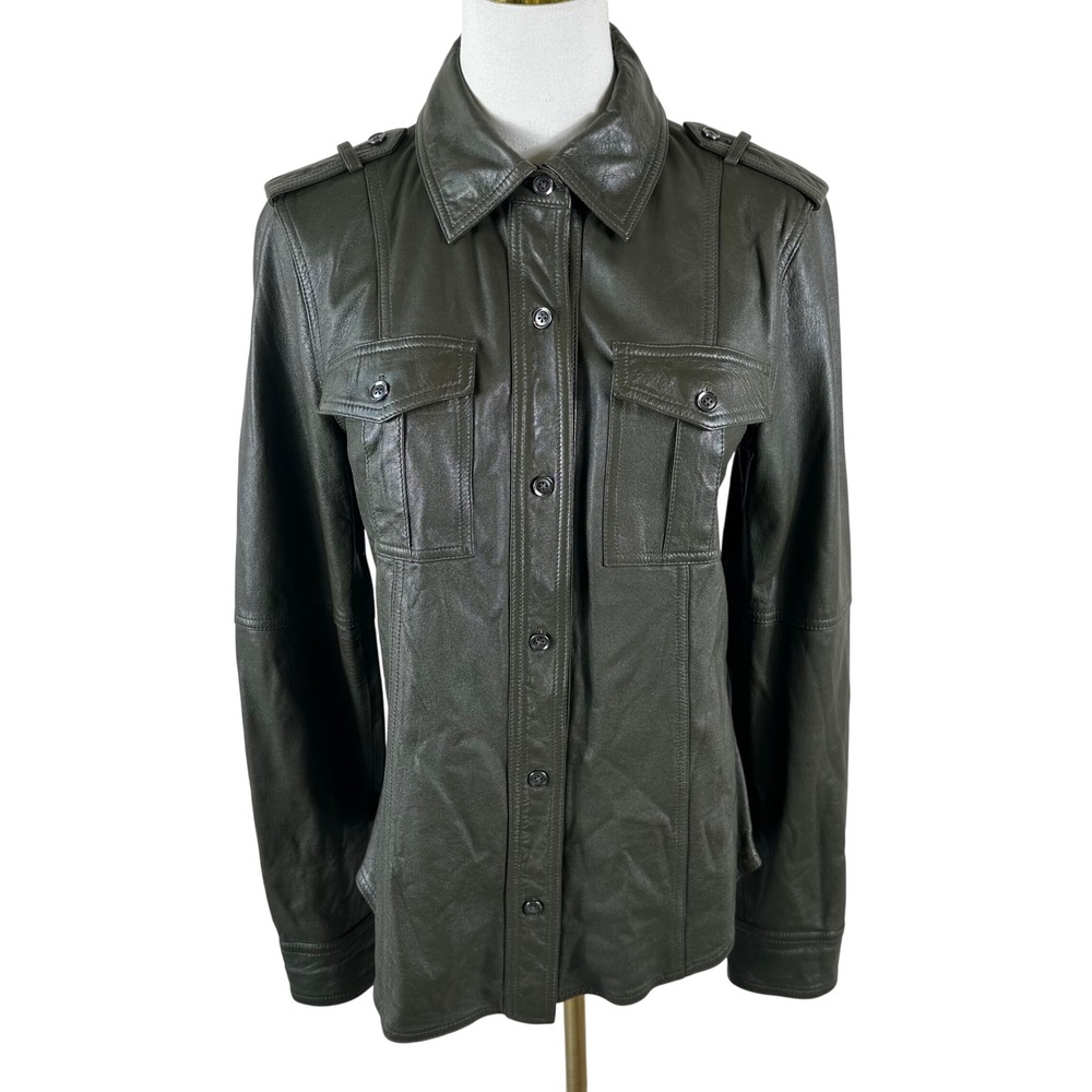 Banana Republic Leather Jacket S Olive Green Lambskin Utility Shirt Shacket Moto